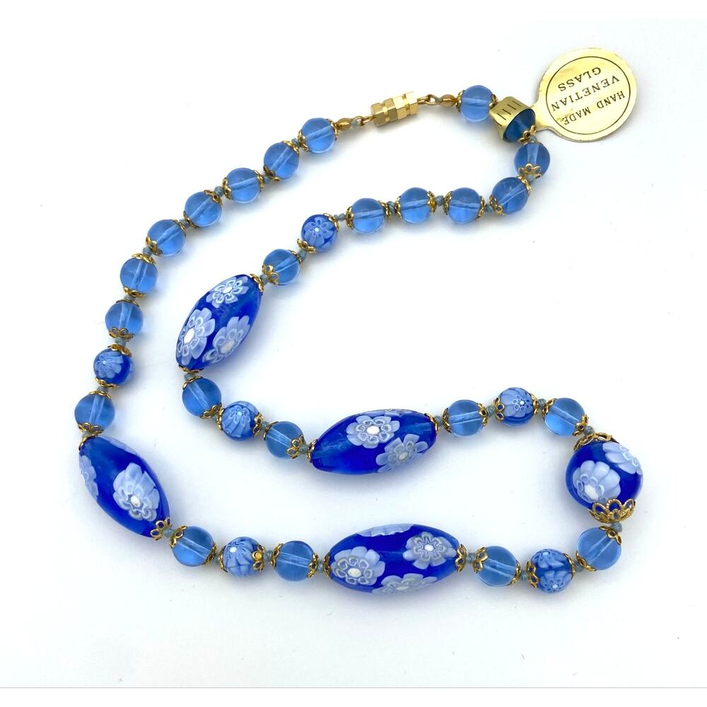 Vintage Venetian Glass Necklace Periwinkle Blue Floral Flowers 18" Italy